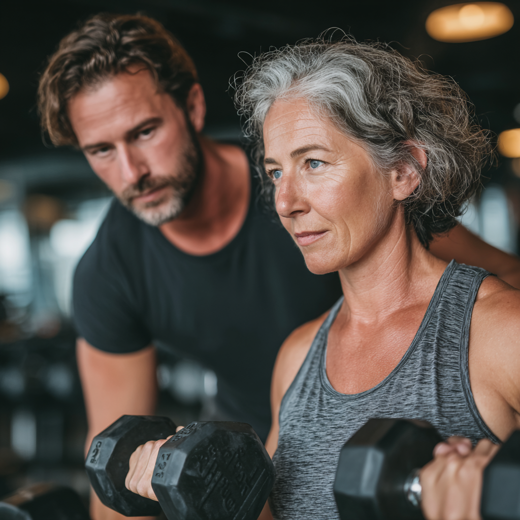 Professional fitness trainer working with a mature woman in her 50s in a modern gym setting, demonstrating proper form during a strength training exercise